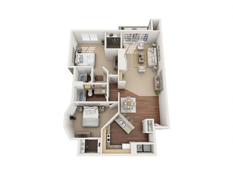A top-down view of a house layout with a kitchen, living room, and bedrooms.